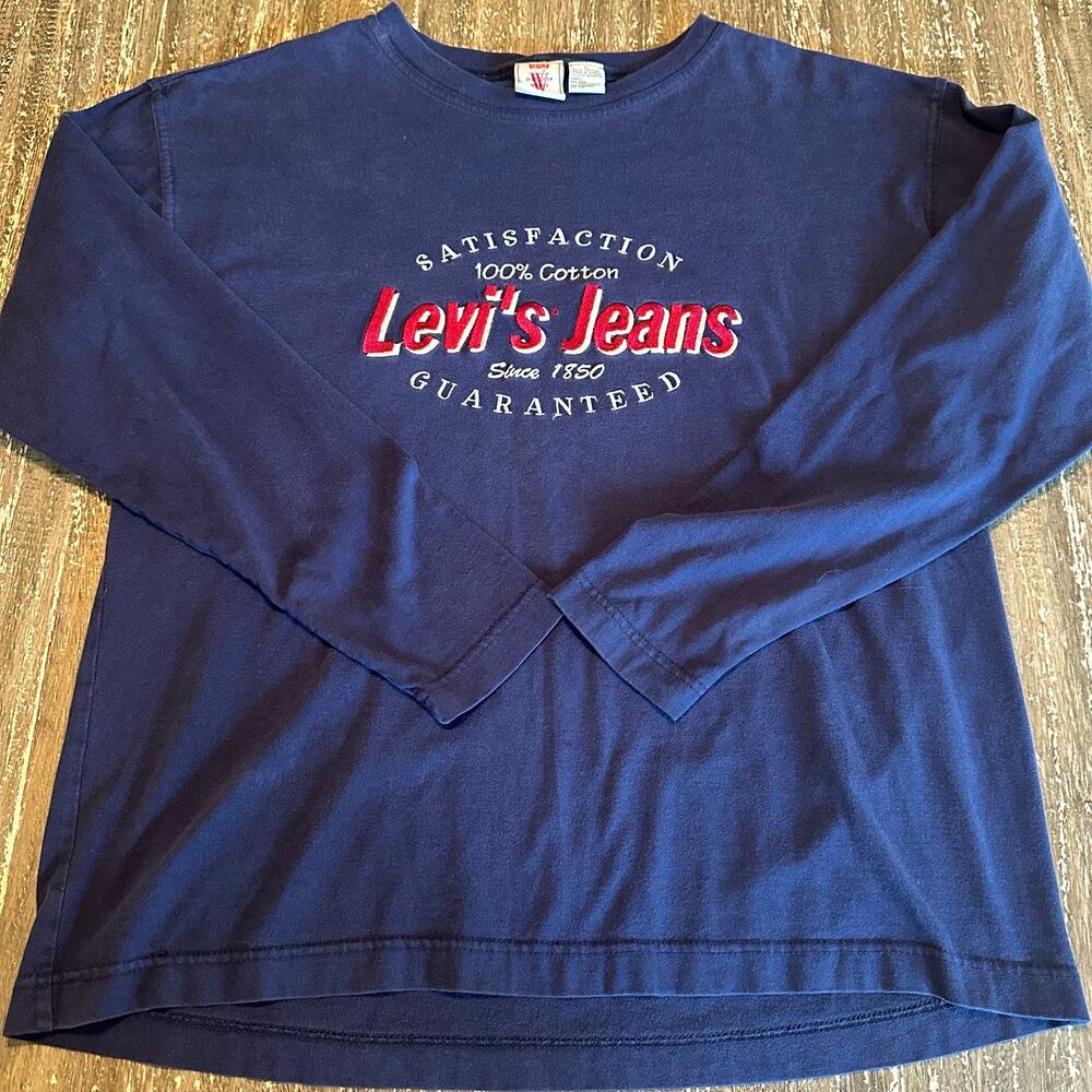 Vintage Levi’s Jeans For Women Embroidered Long Sleeve T-Shirt Navy Size L